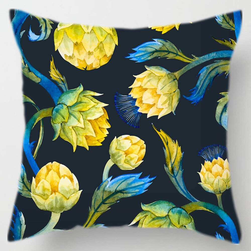 Double Sided Yellow Blooms on Black Pillow Cover